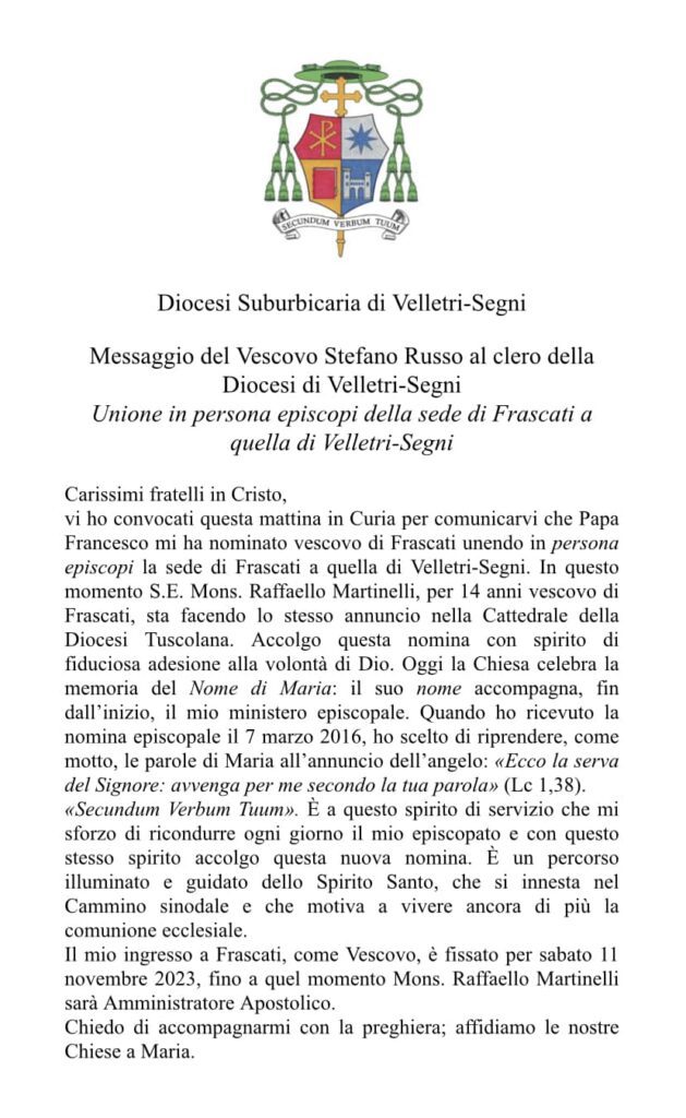 Nuova nomina per il vescovo Stefano Russo. Unite le diocesi Velletri-Segni e Frascati