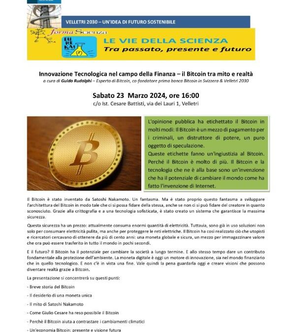 Innovazione tecnologica nel campo della Finanza Seminario di “Velletri 2030” sul Bitcoin