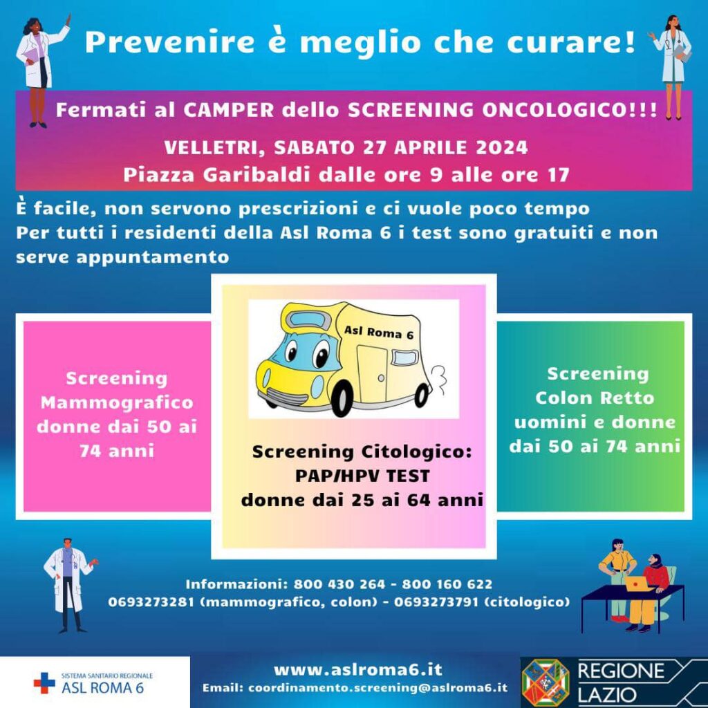 ASL Roma 6, sabato 27 il camper degli Screening oncologici sarà a Velletri