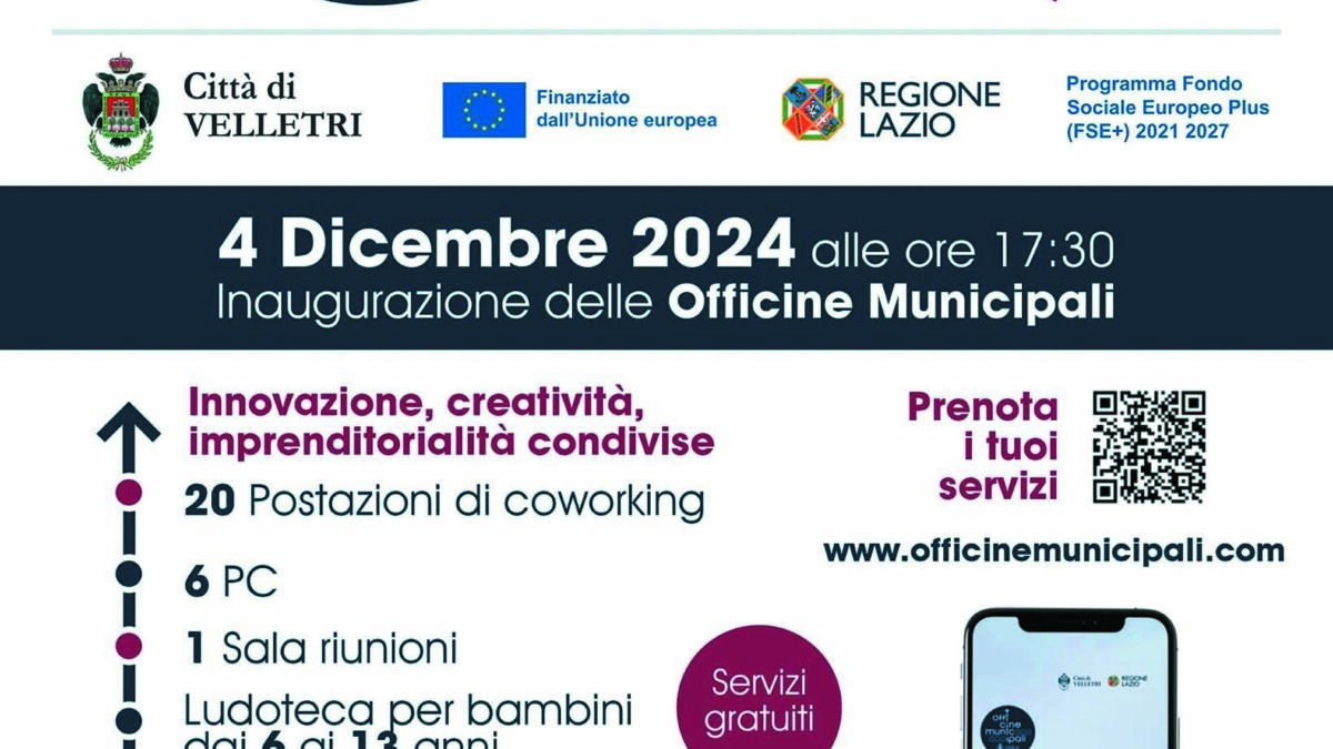 Officine Municipali Città di Velletri 20 postazioni di co-working, 6 pc, una ludoteca per bambini