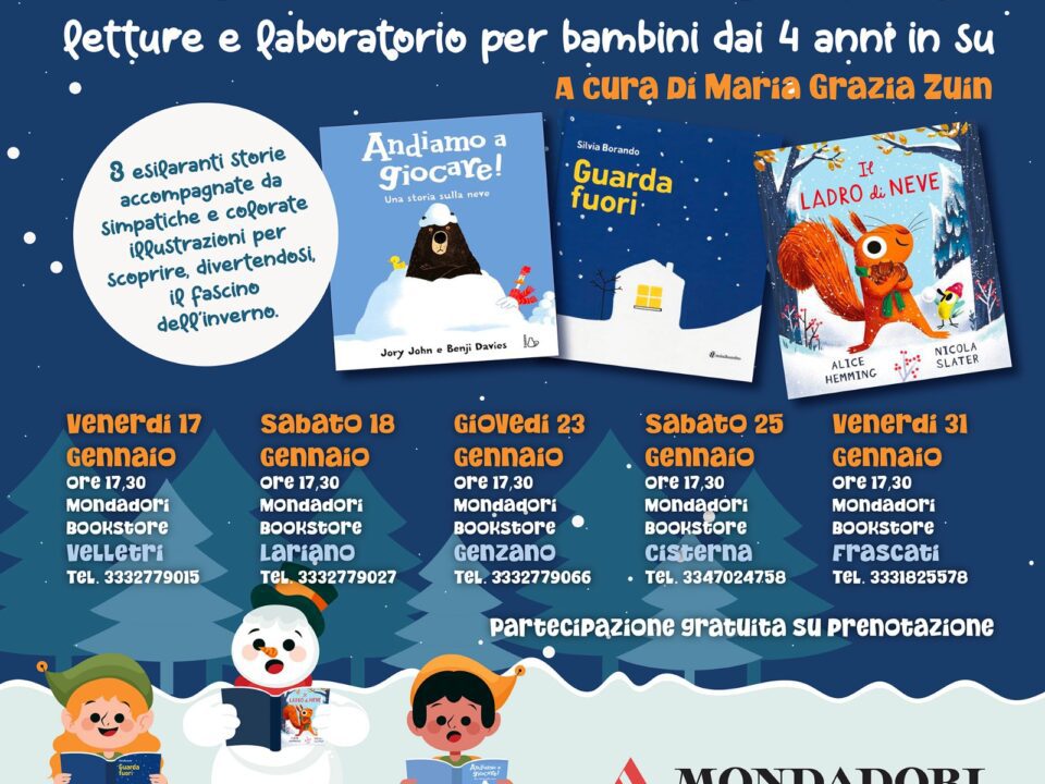 Risate sotto la neve letture elaboratori per bambini, alla Mondadori di Velletri